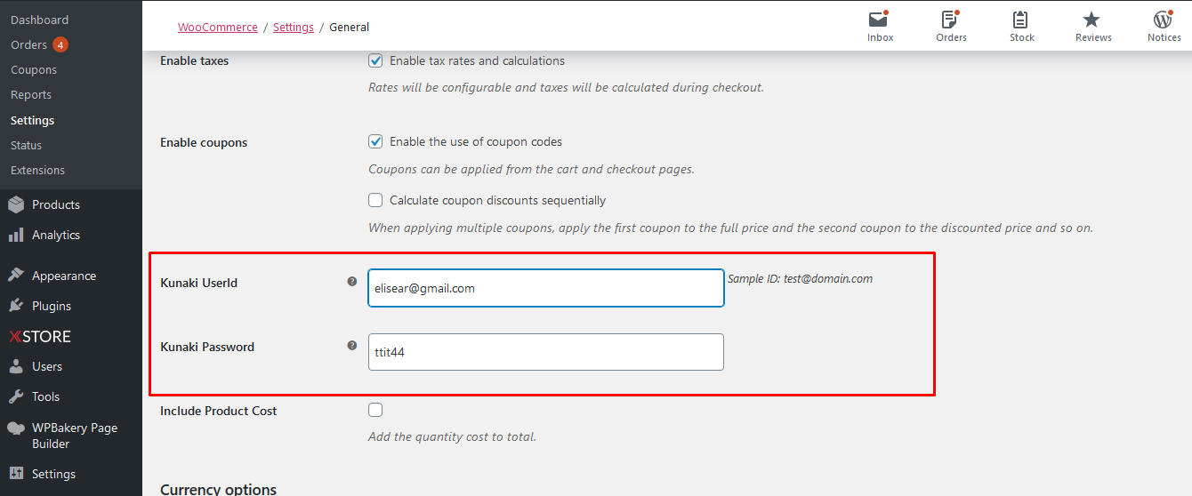 Kunaki Email and Password in Woocommerce setting