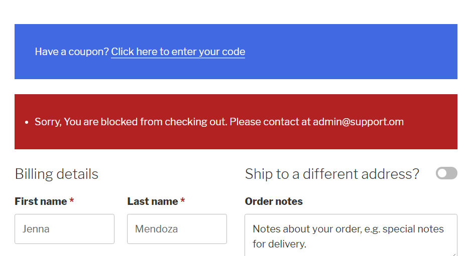 Blocking message in checkout page