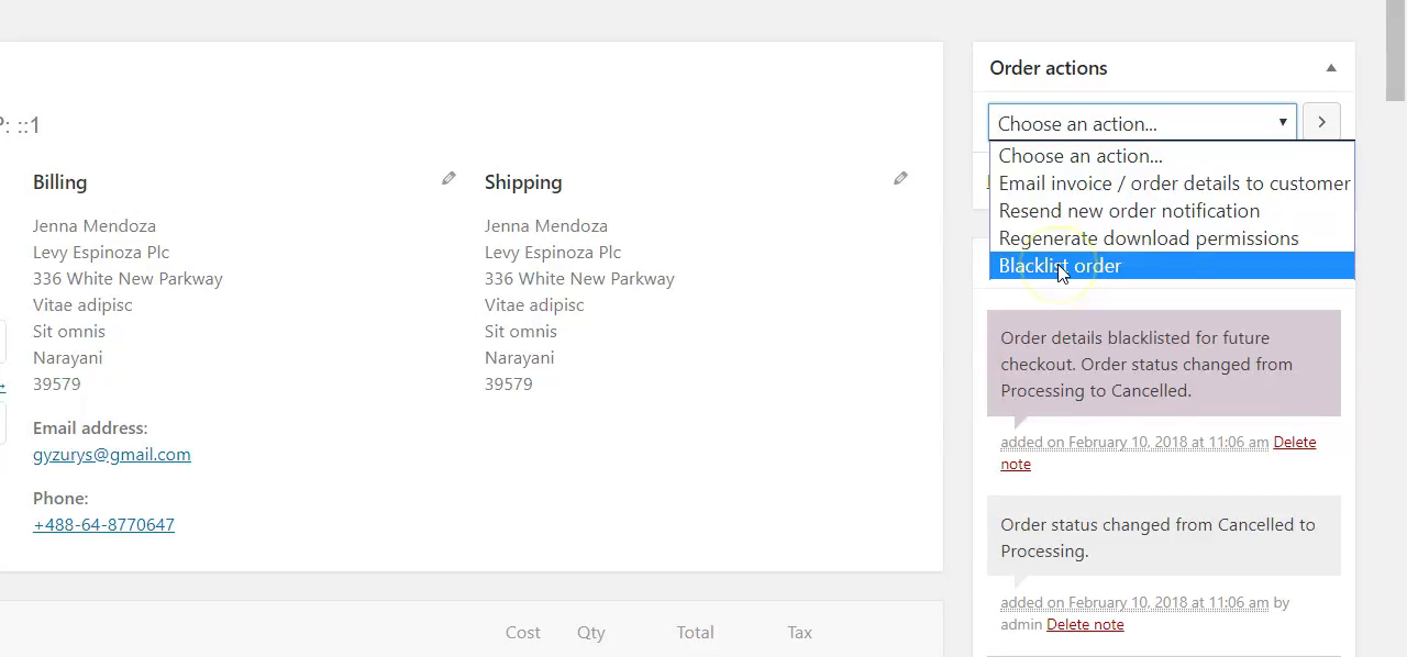 Blacklisting customer details via order edit page
