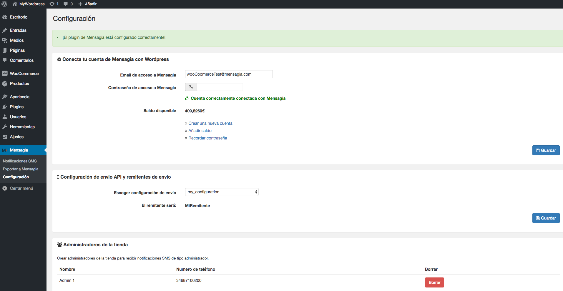 The Mensagia for WooCommerce configuration page.