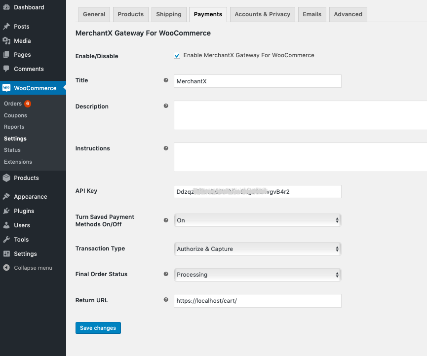 Showing the payment gateway set-up page.