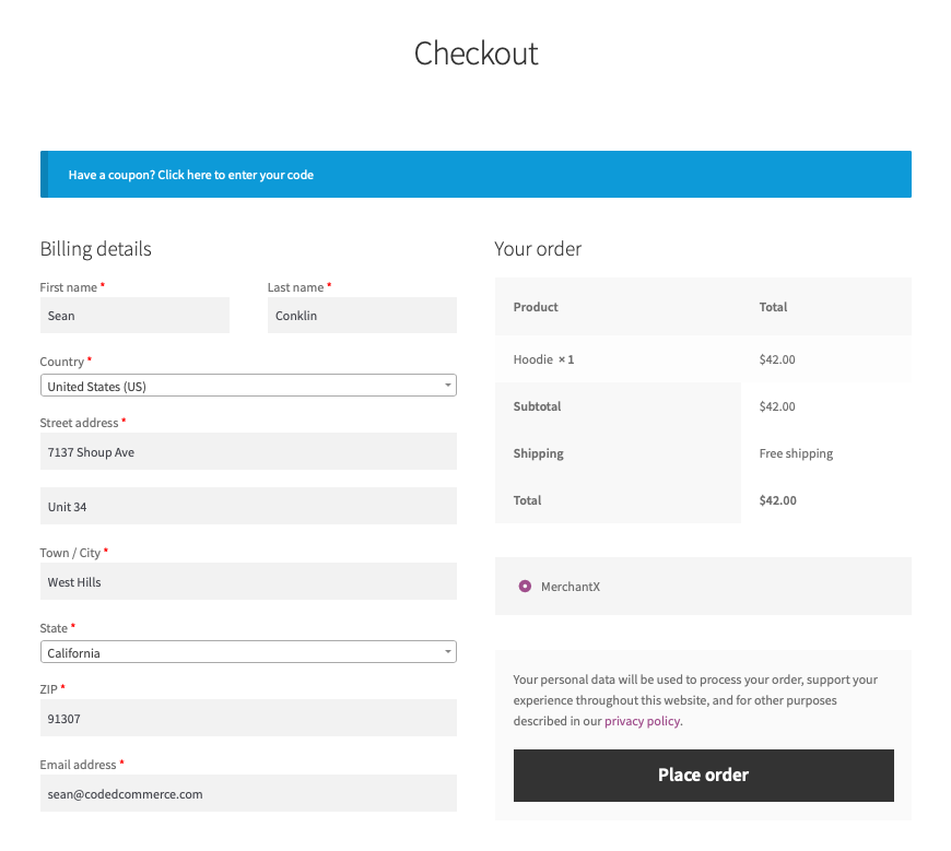 Showing the WooCommerce checkout page using Storefront theme.