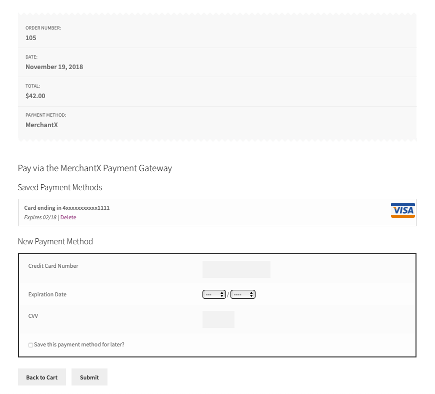 Showing the pay page with a previously saved credit card.