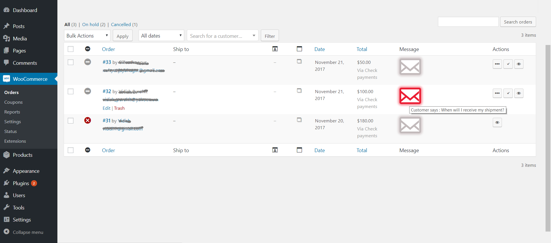 Customer submits query / feedback from thank you page about the order.