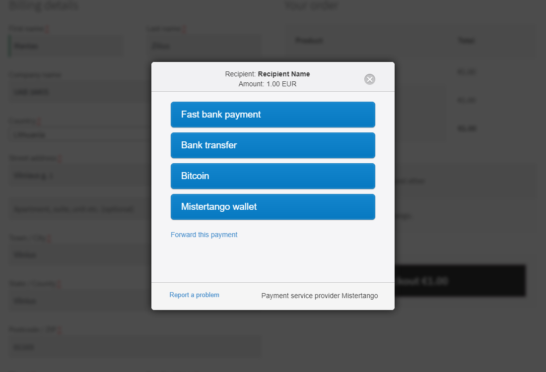 Mistertango checkout modal.