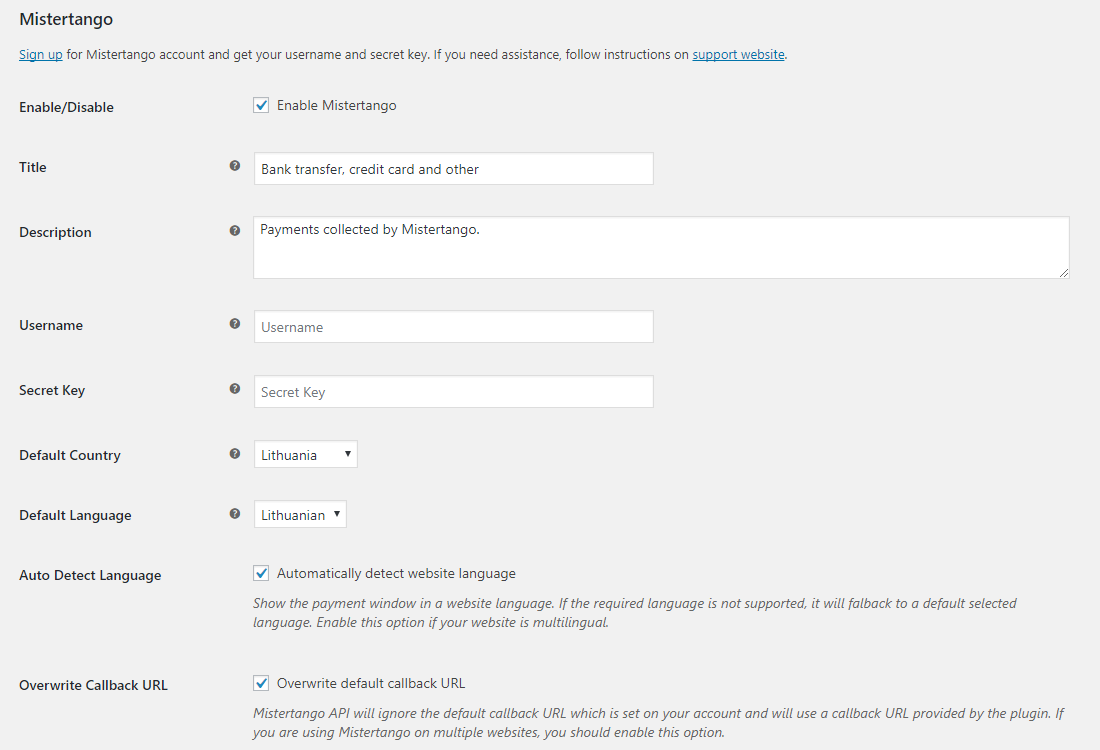 Mistertango payment gateway settings.