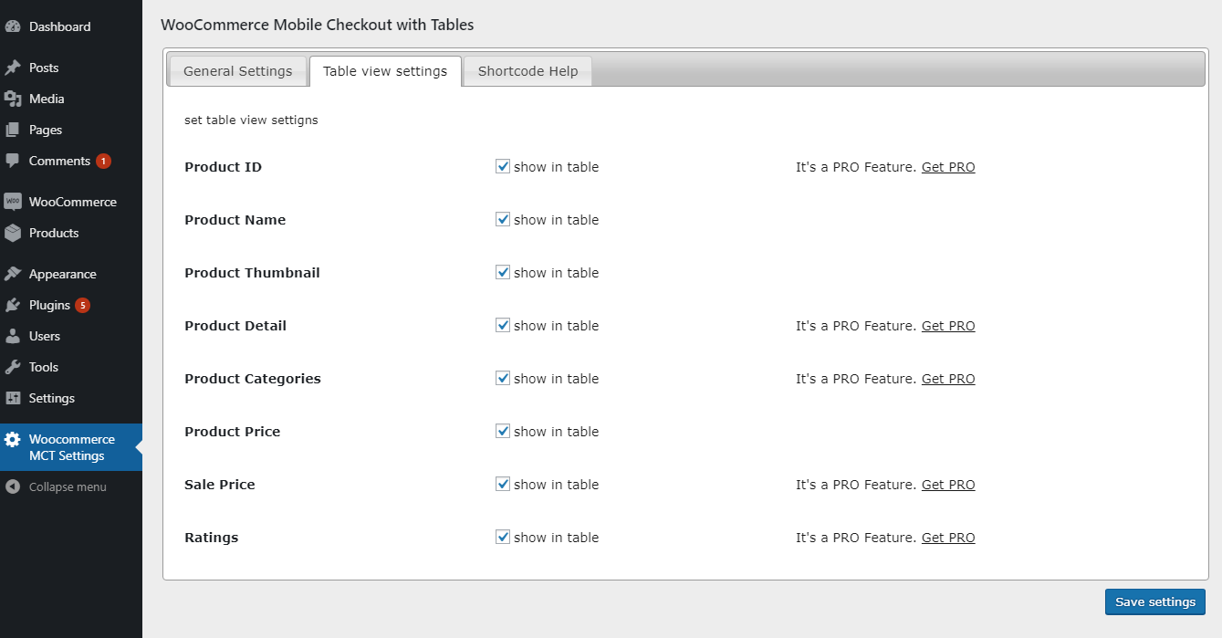 Table View Settings