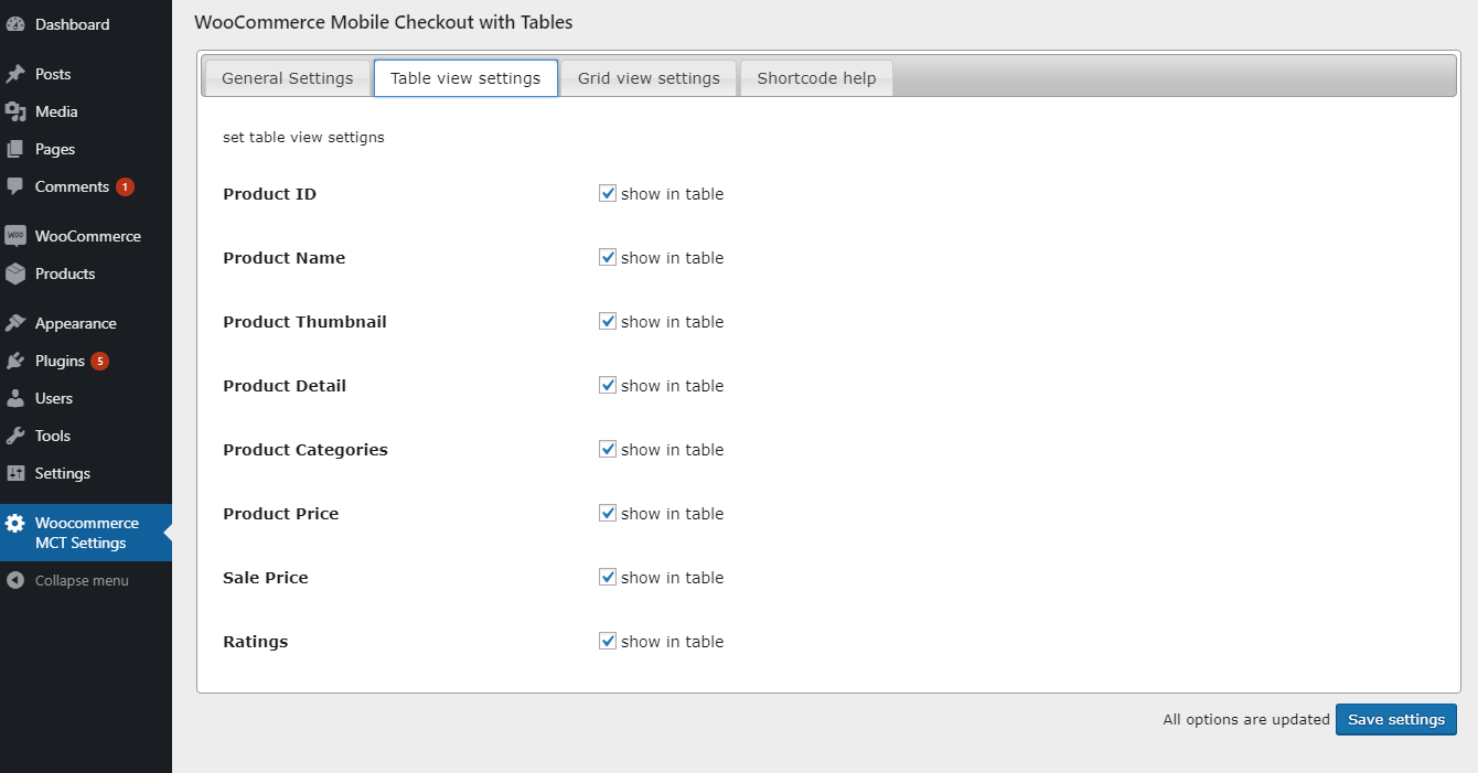 Grid View Settings