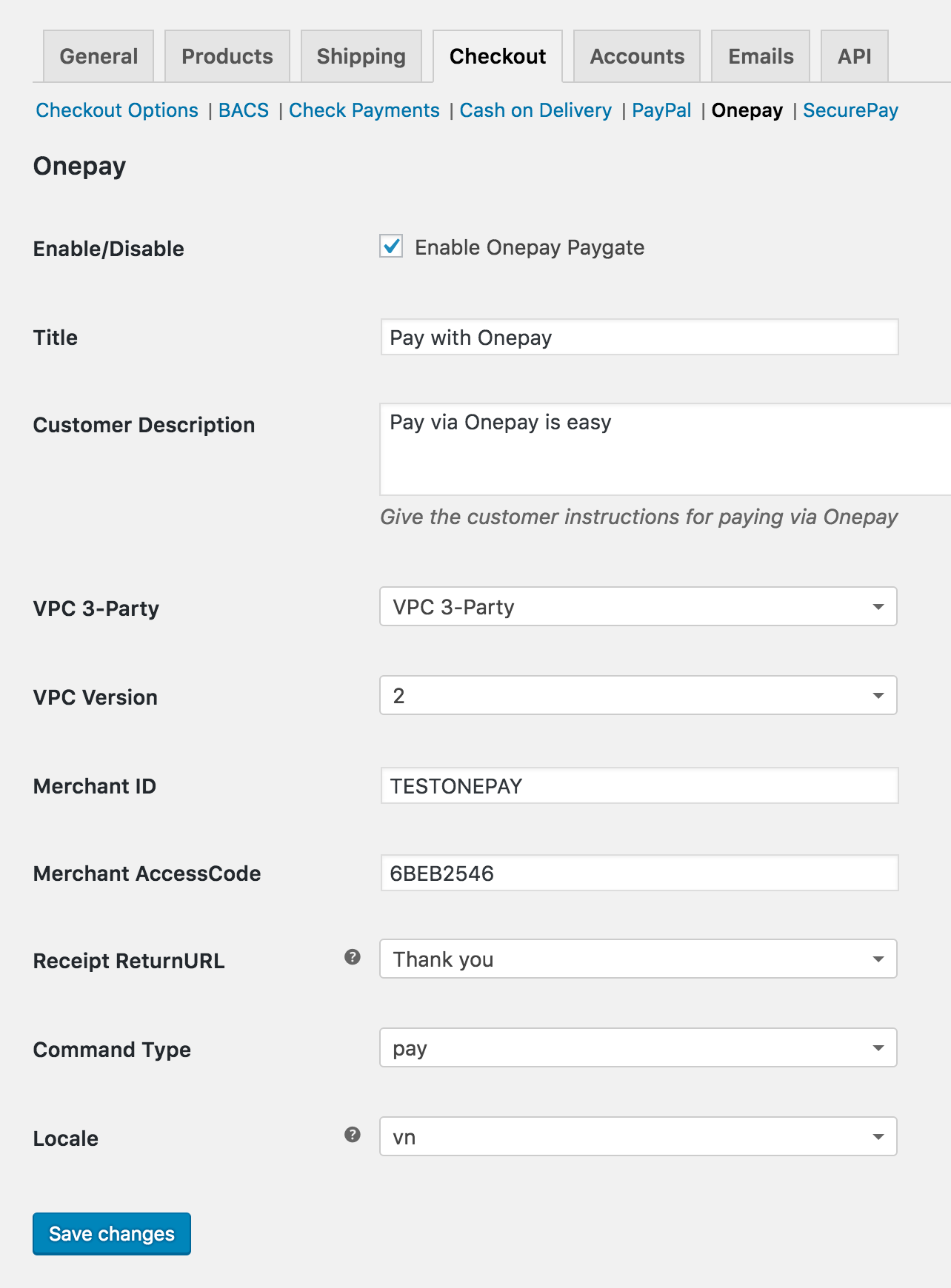 Woo Onepay settings