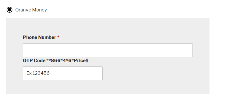 On Store: Payment method on your store. We request Orange Money Subscriber Phone number and valid OTP code.