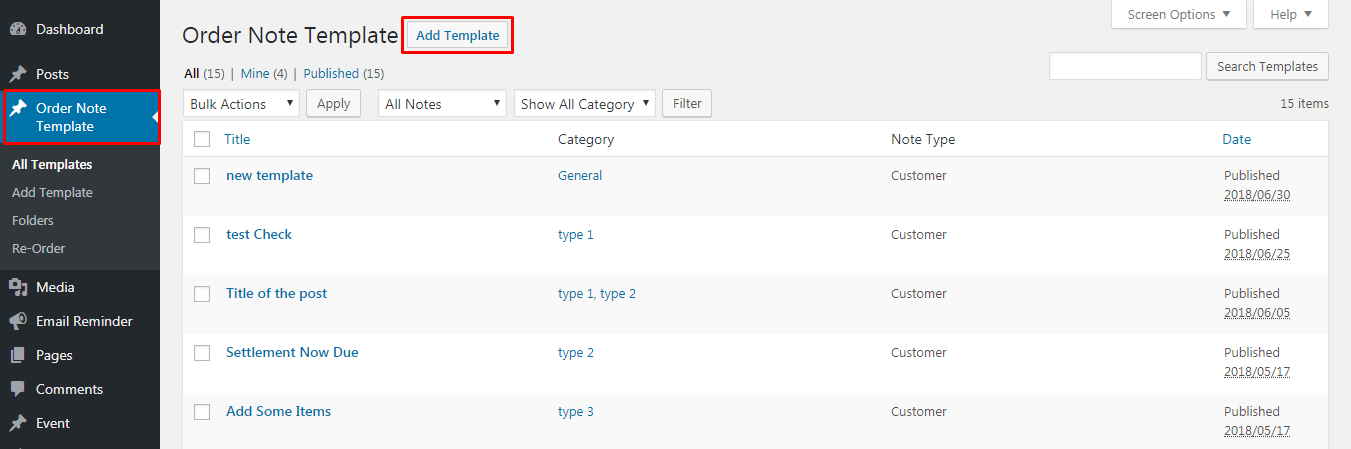 **Add Template** - Displays the order note template page click on "Add Template" to add a new order note template.
