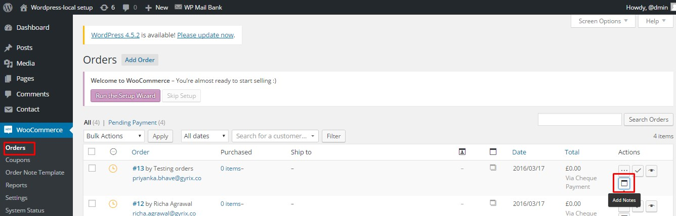 **Orde note Icon** - Displays the woocommerce orders page, where in the actions column click on the icon with tooltip Add note.