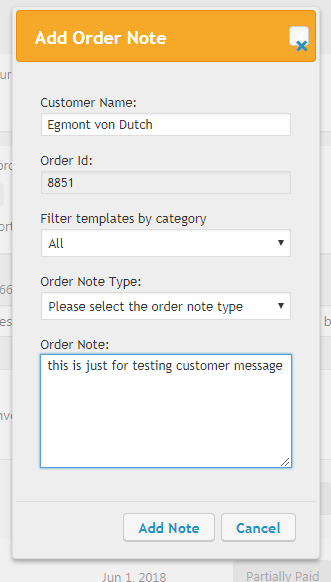 **Add notes to the order** - In the popup select the order note and the content of the selected note display in the text area. Now click on the Add note to add the order note.