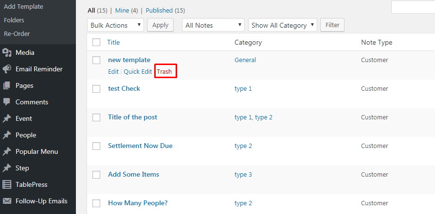 **Delete Note template** - To delete any template click on the - icon.