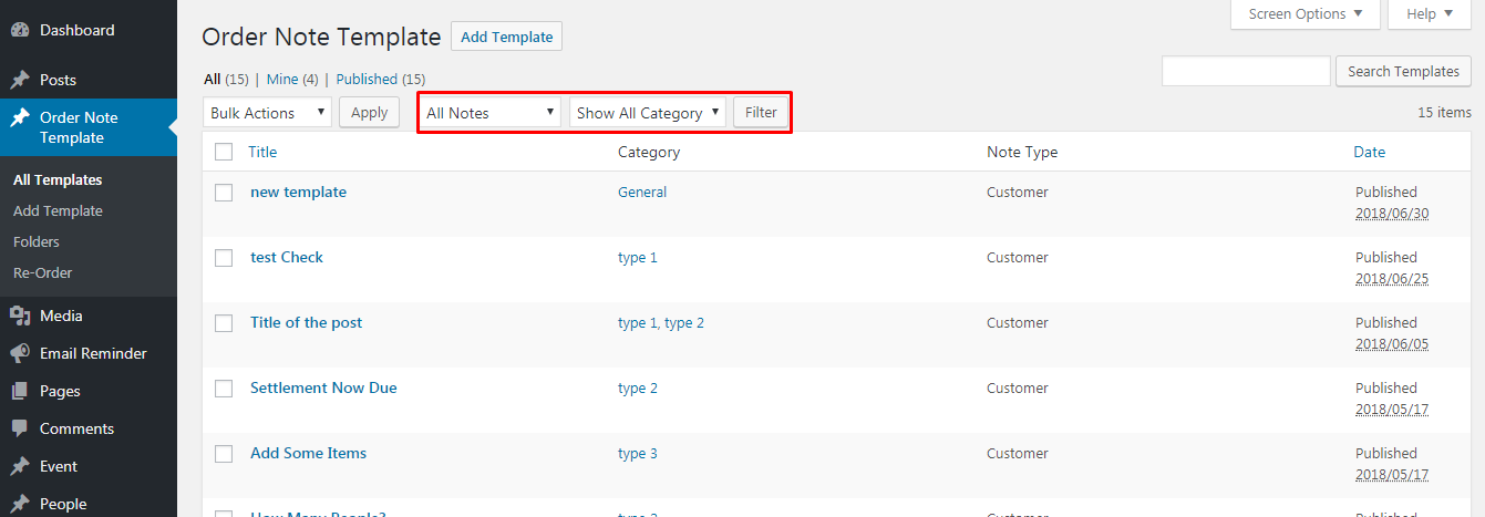**Filter Note template** - Filter order note templates by category and order note type