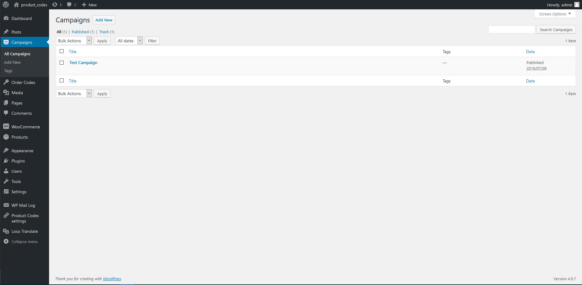 Order Codes listing