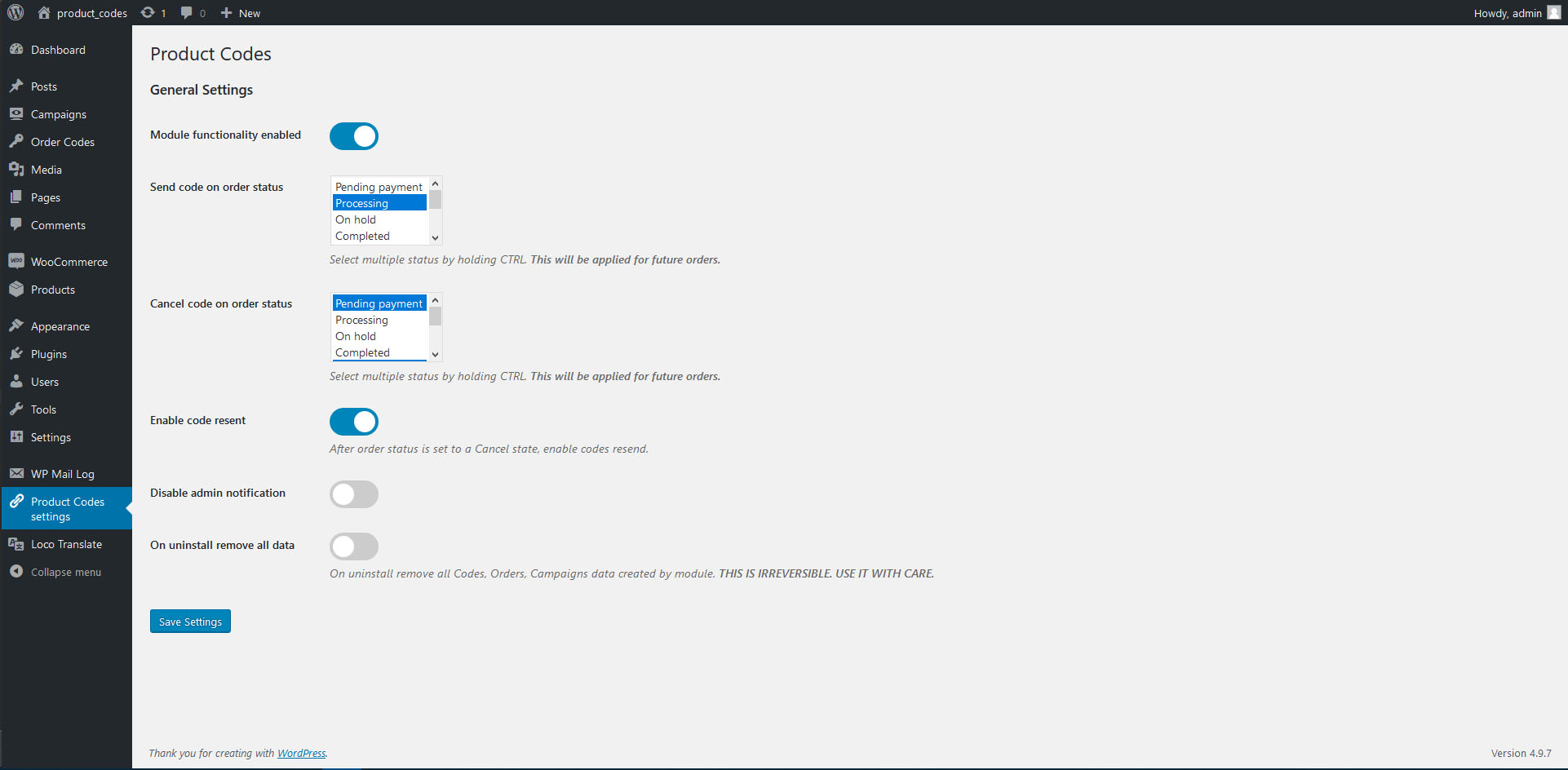 Global module settings screen