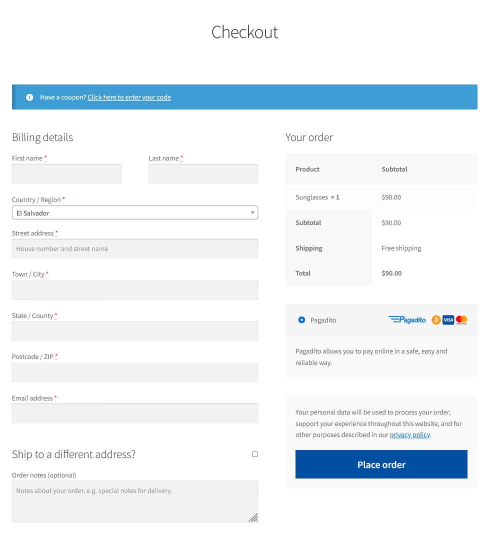 Form for payment with Pagadito account.