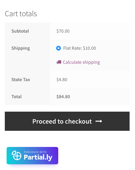 The Partial.ly checkout button on cart page