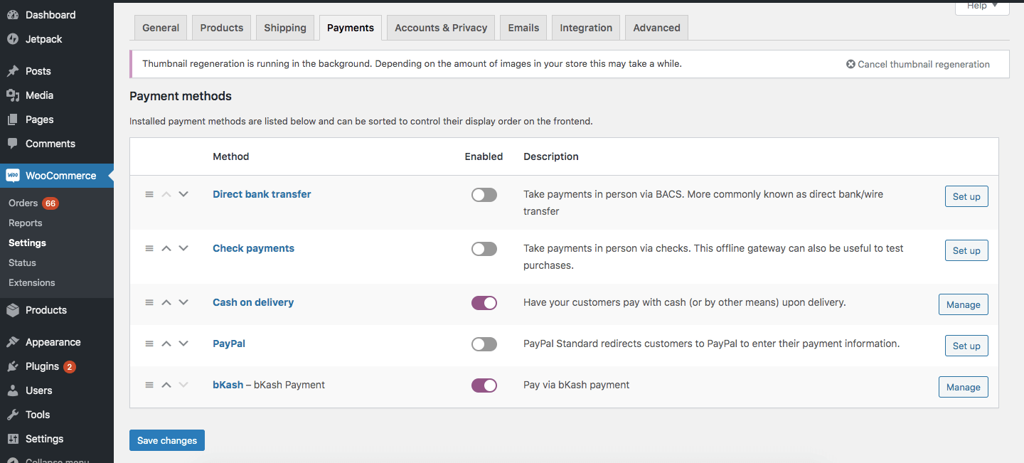 Admin panel payment methods list