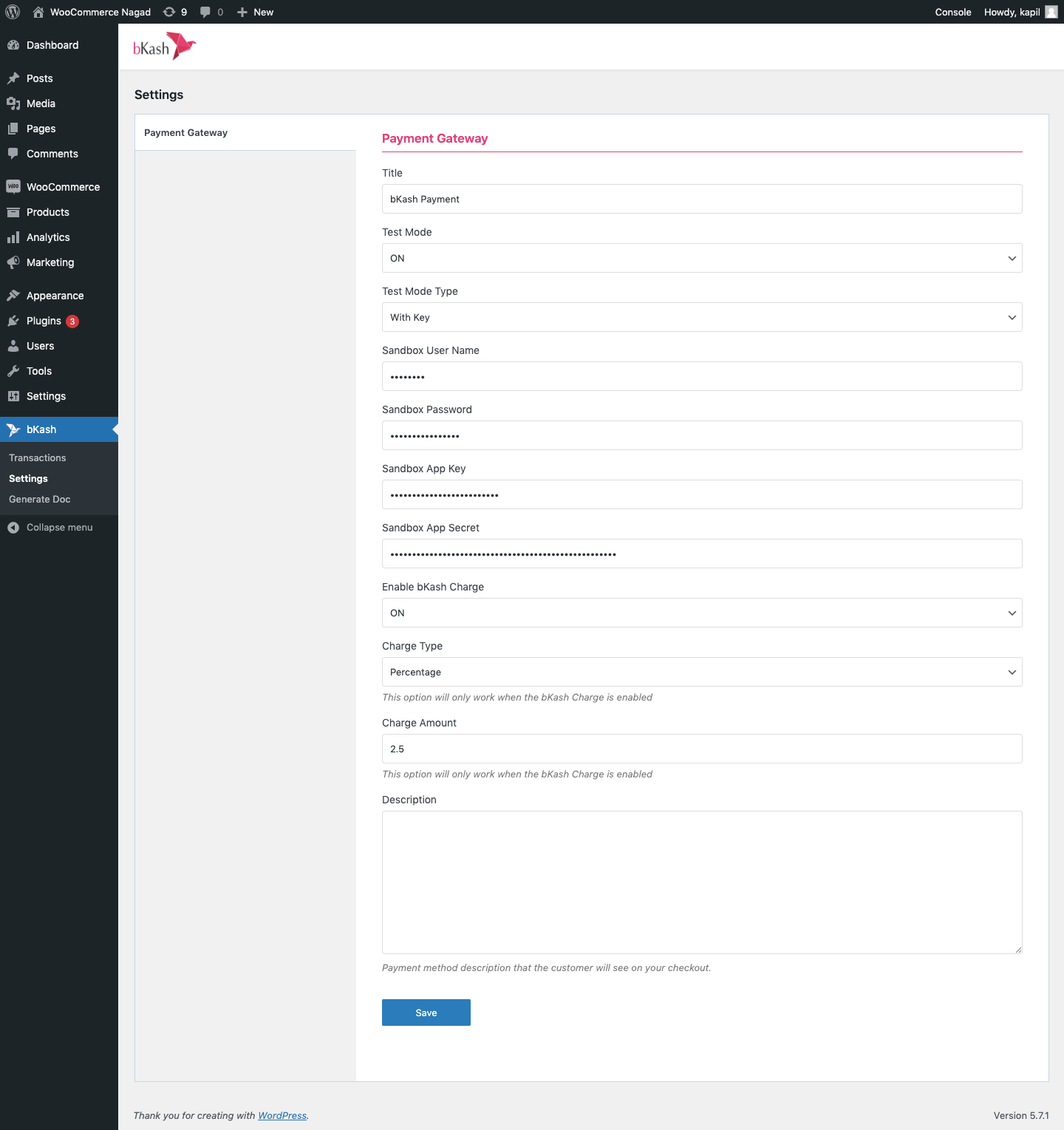 Admin panel bKash payment method settings