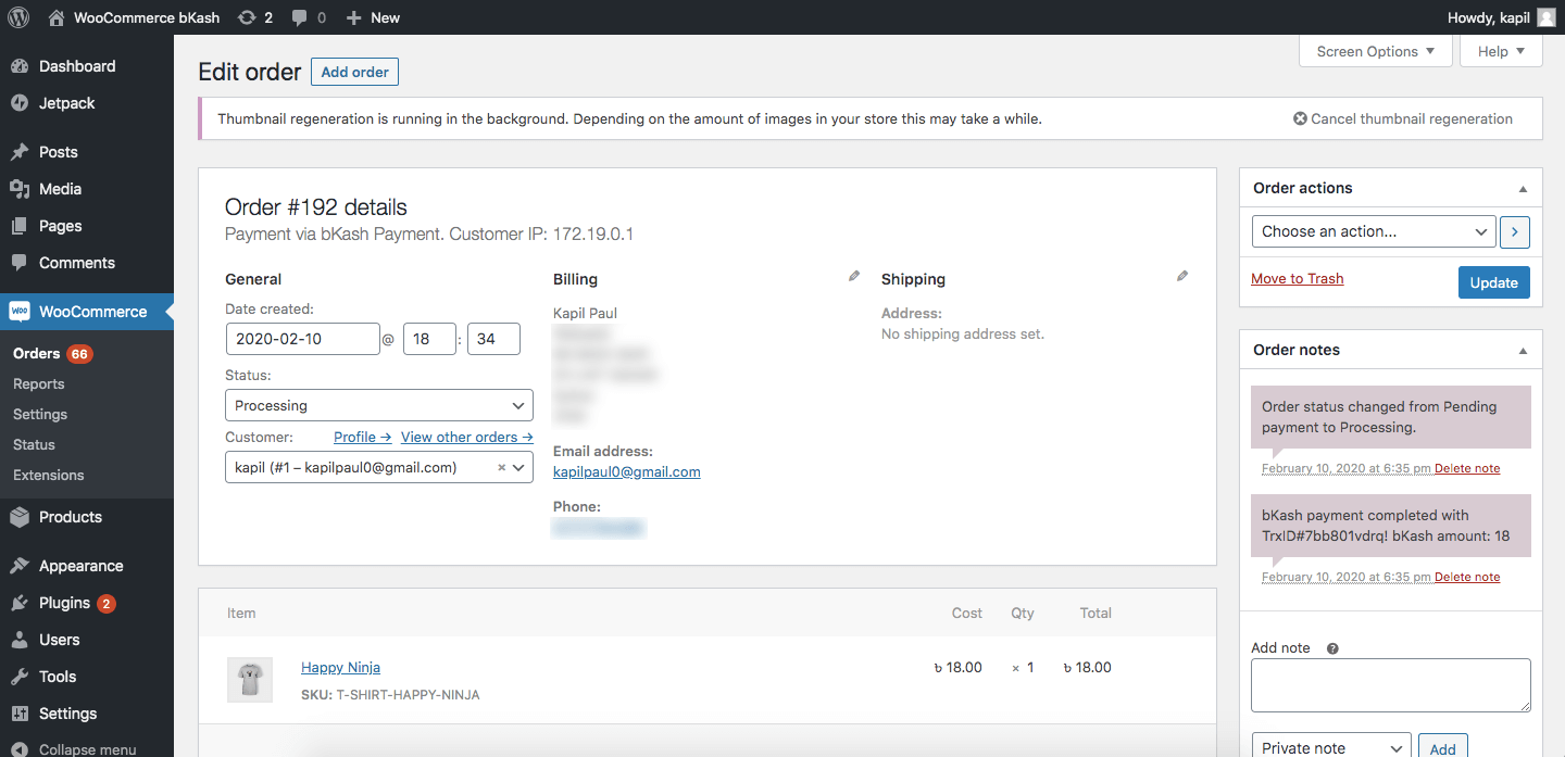 Order details data