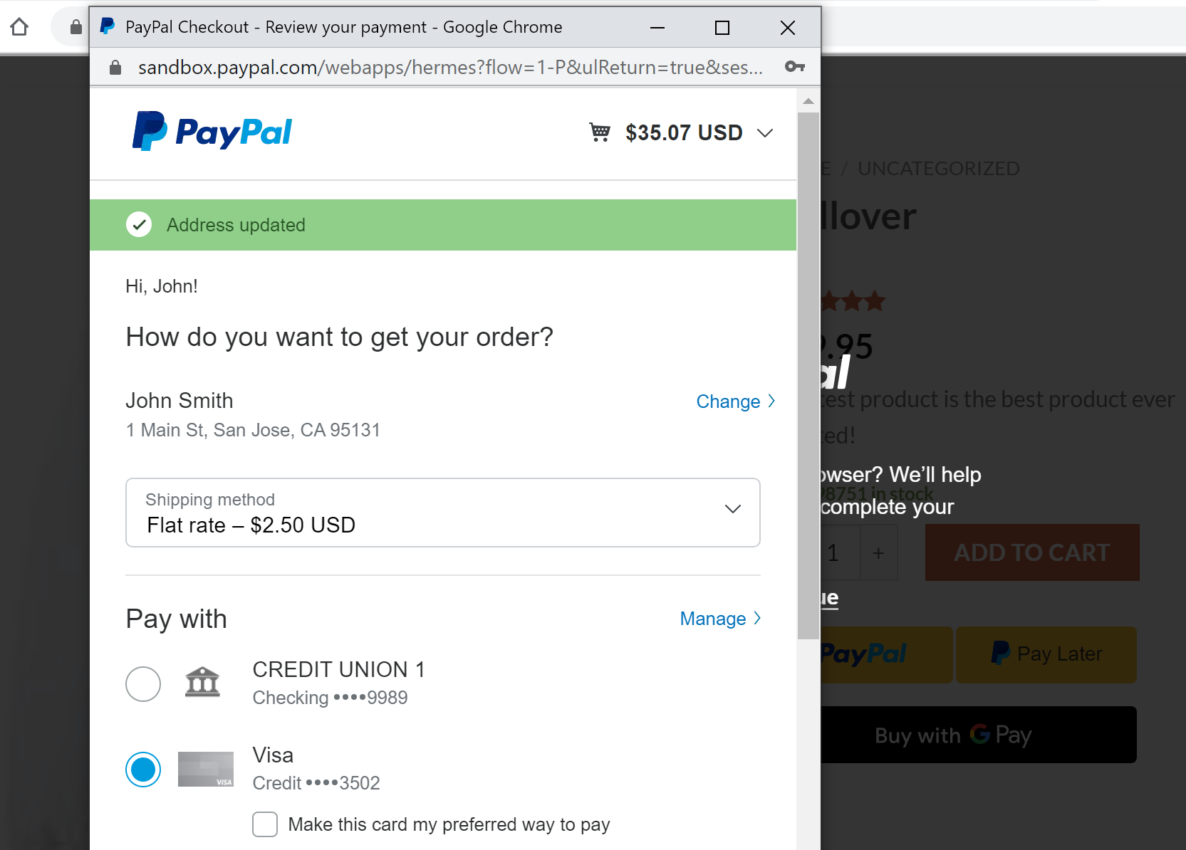 PayPal popup for selecting shipping method