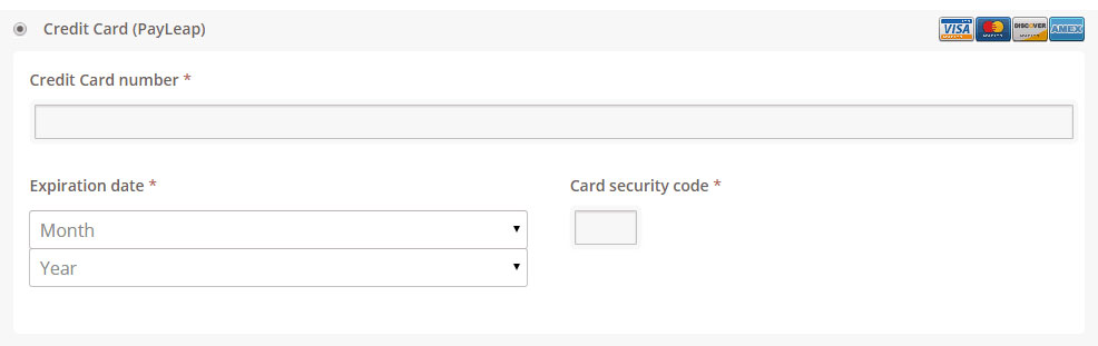 PayLeap credit card processing form displayed on the WooCommerce checkout page.