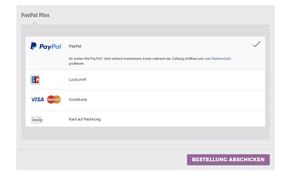 The four PayPal Plus payment methods: PayPal, Direct debit, credit card, pay upon invoice.
