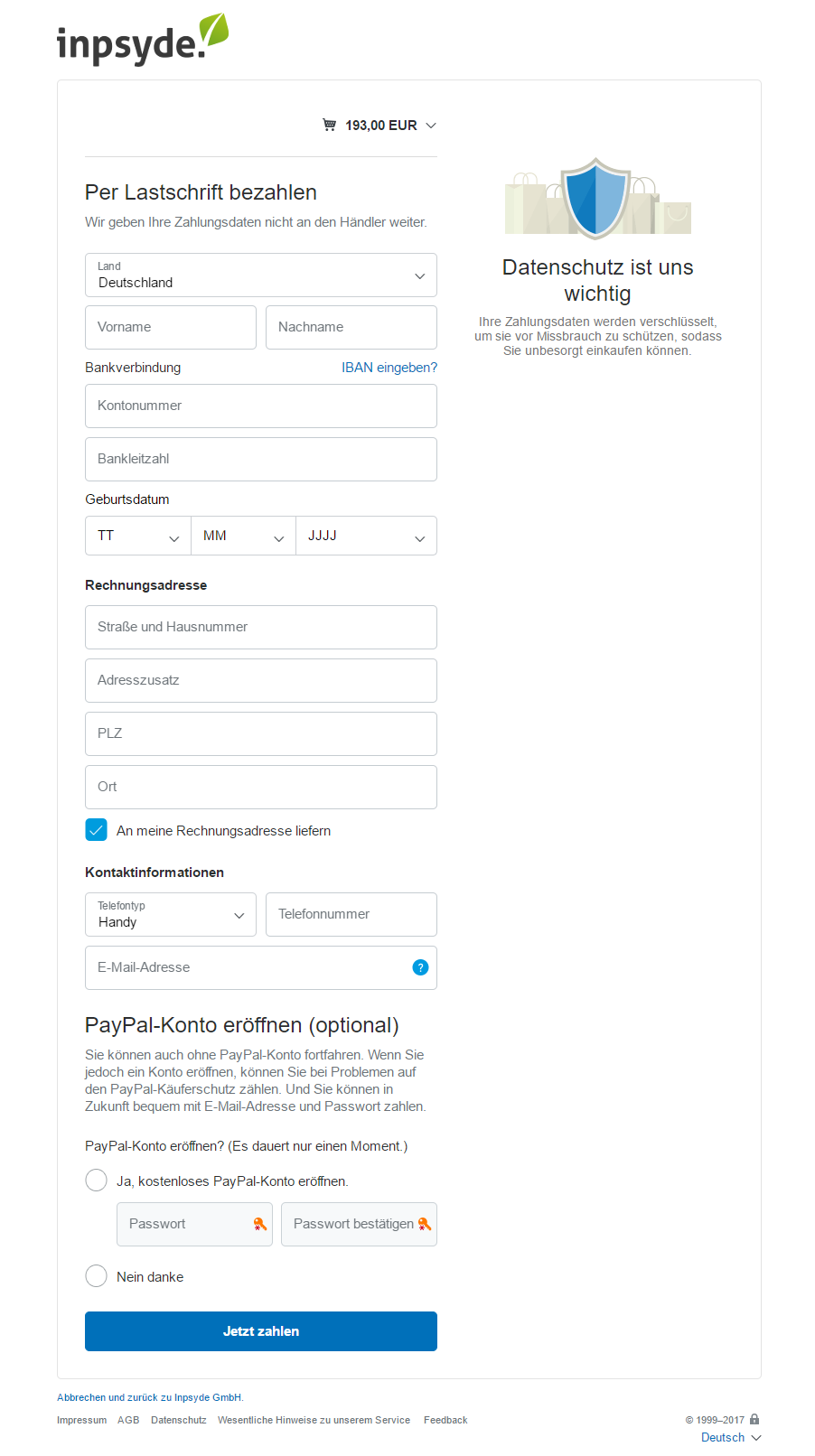 The PayPal Plus form when paying via Direct debit.