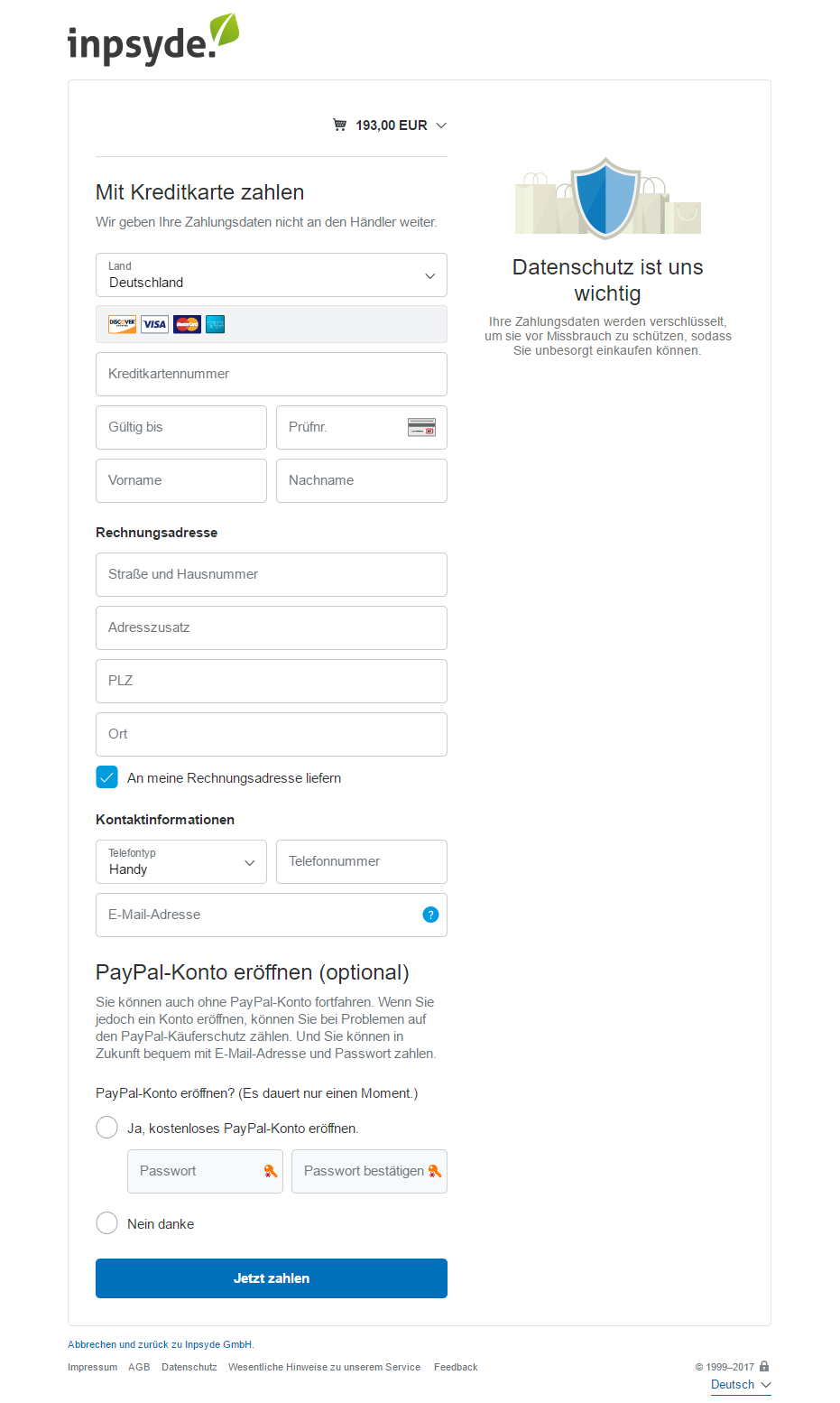 The PayPal Plus form when paying via credit card.