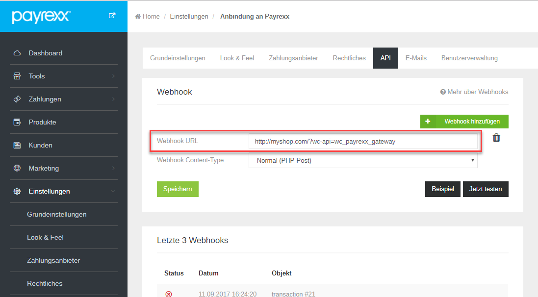 Screenshot Payrexx Backend