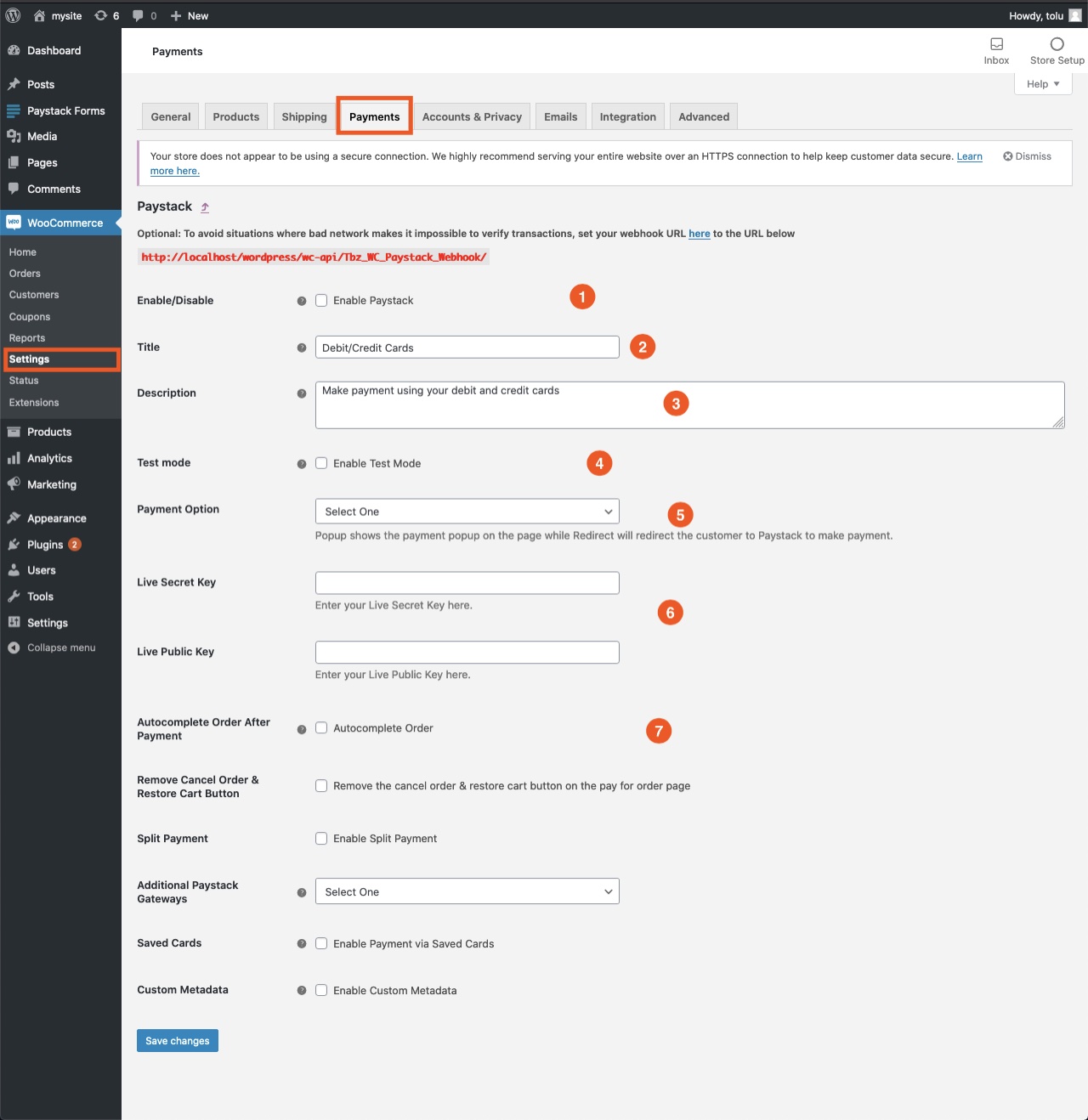 Paystack WooCommerce payment gateway settings page