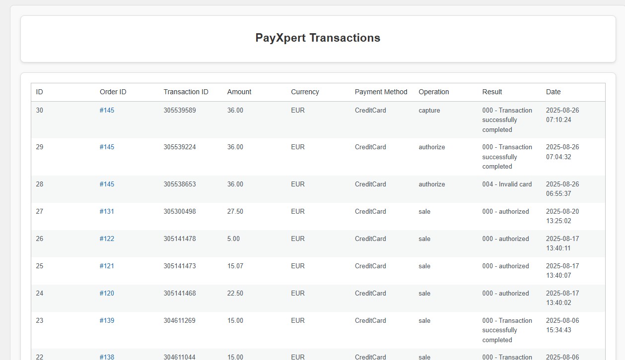 PayXpert Plugin Transactions List