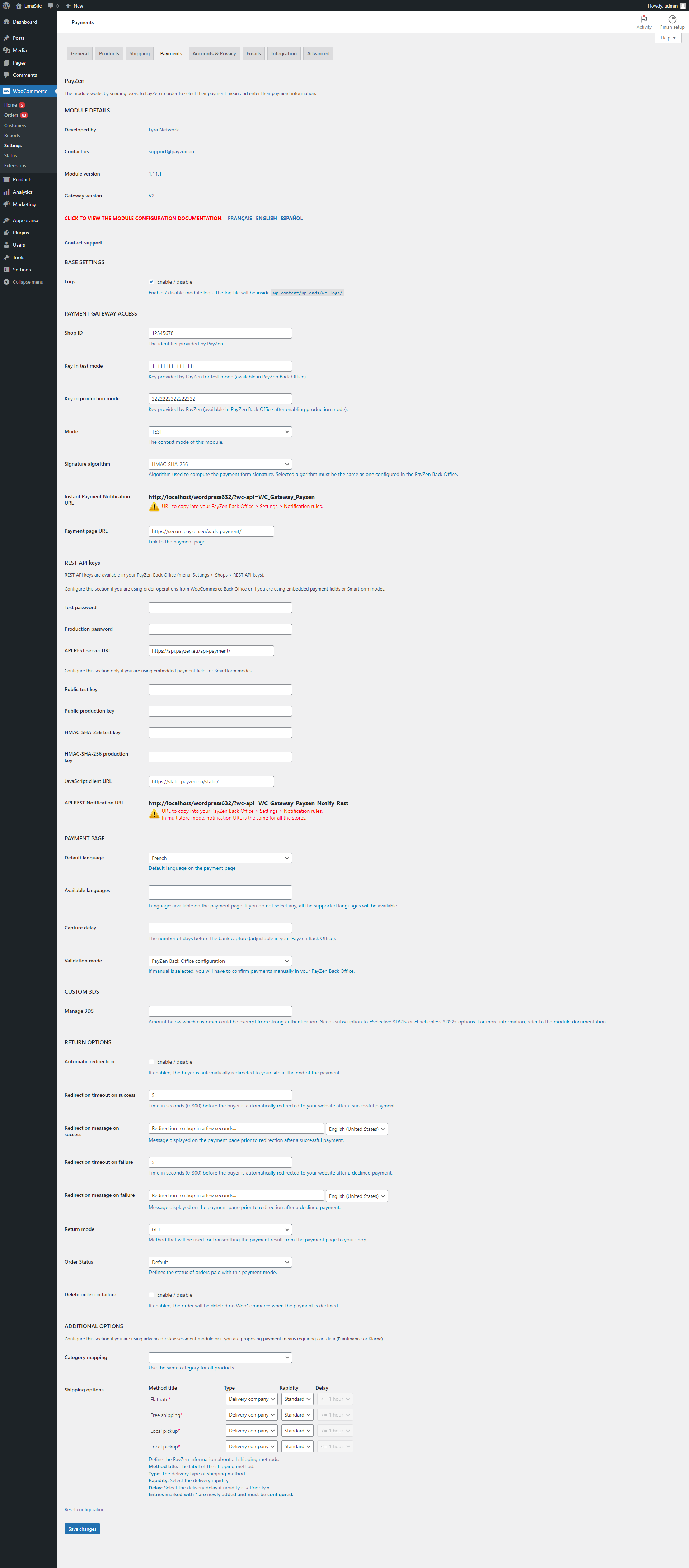 PayZen standard payment configuration.