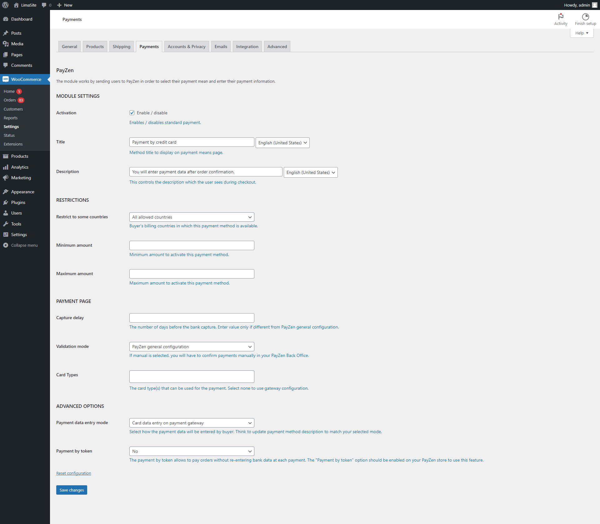 PayZen payment in installments configuration.