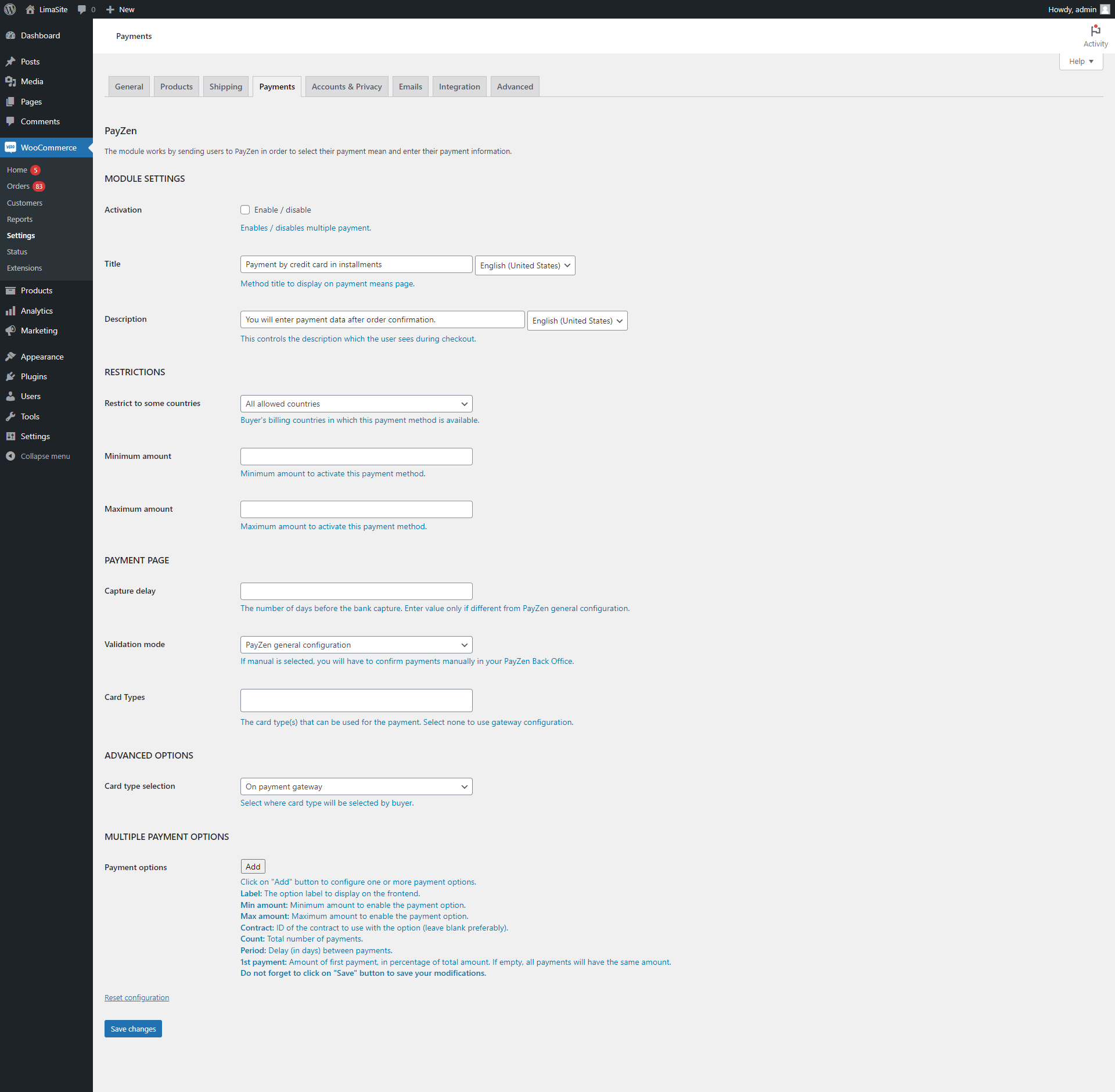 PayZen payment options in checkout page.