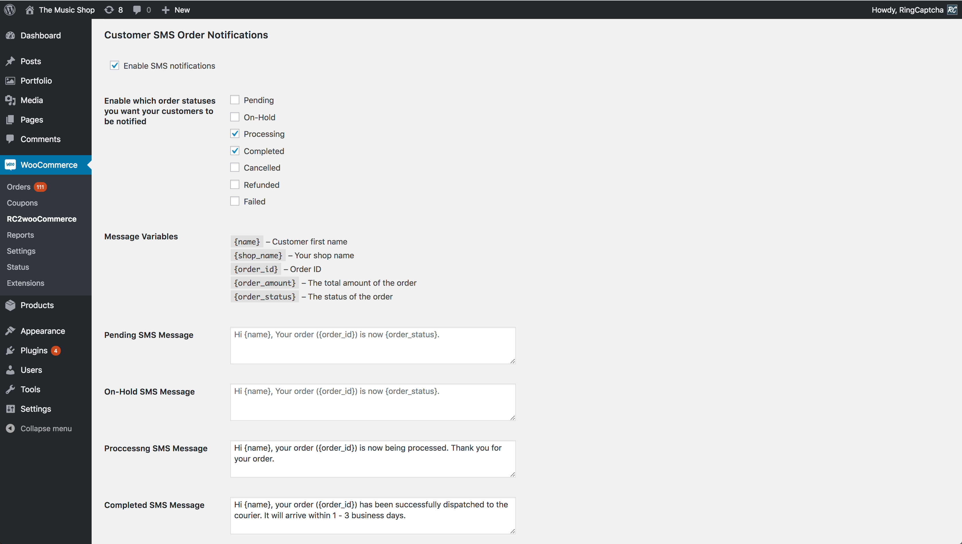 Customer SMS Order Notifications