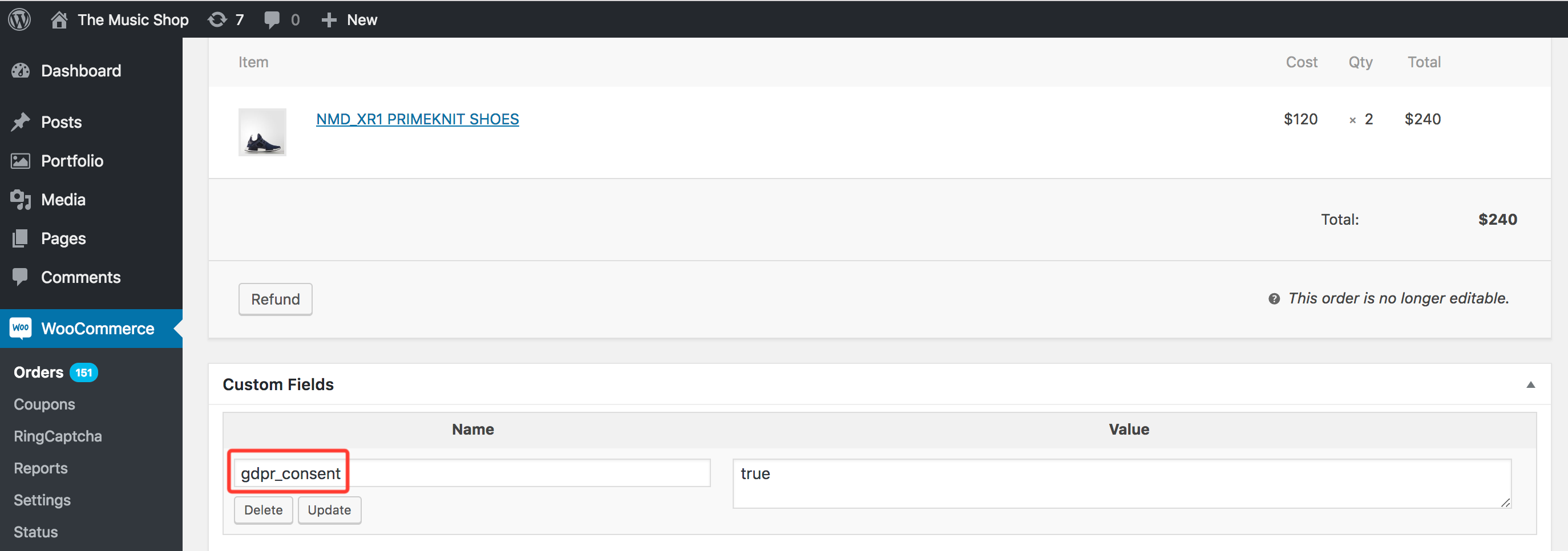 GDPR consent custom field attached per WooCommerce Order