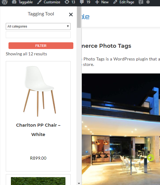 Click the tagtool tab on any page on your website’s front-end - searchable product panel slides out. Drag and drop your products straight onto a photo.