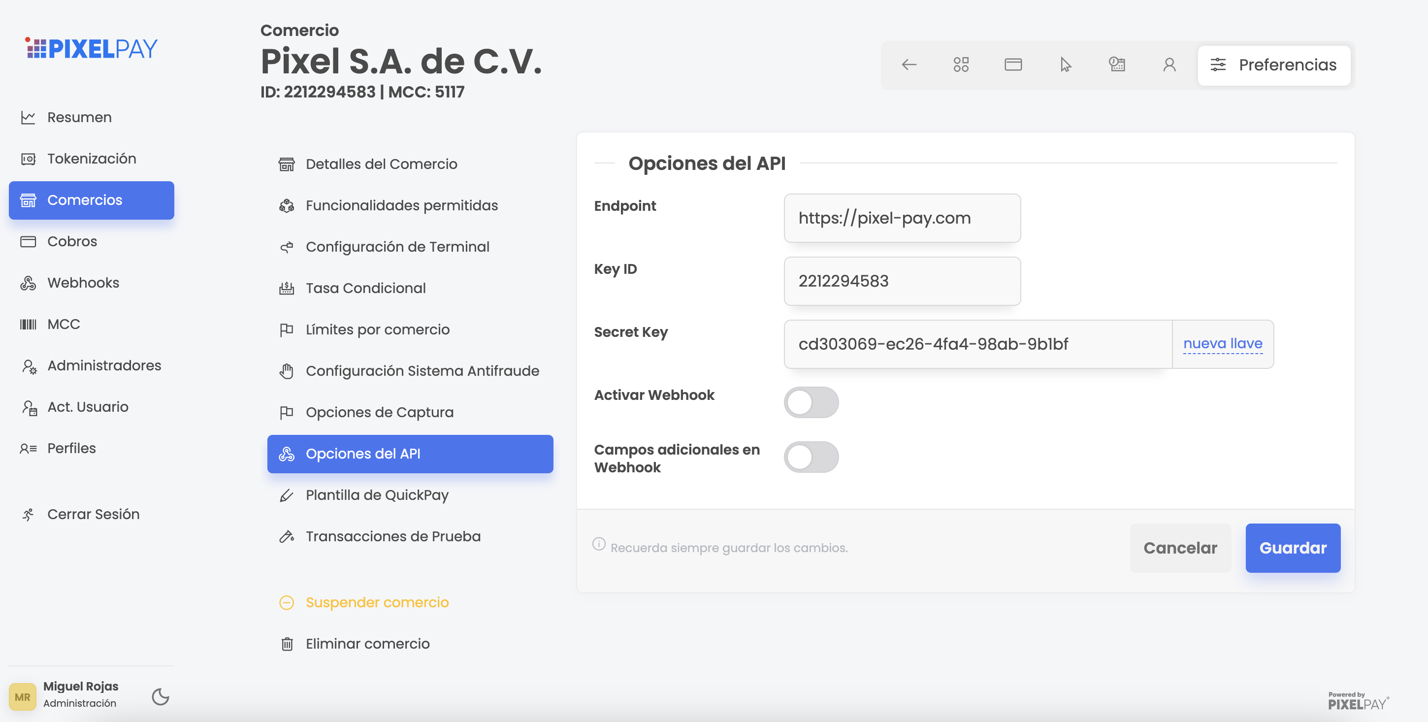 Extract the control panel credentials (Key and Secret Key)