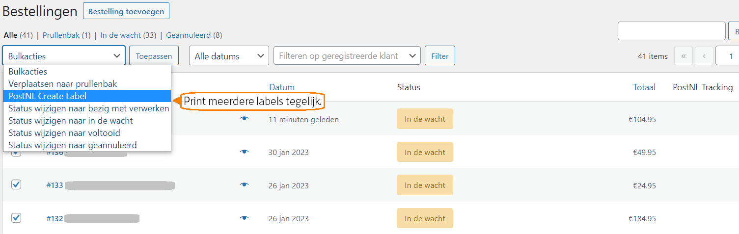 Orders: Bulk PostNL Shipment Creation Action