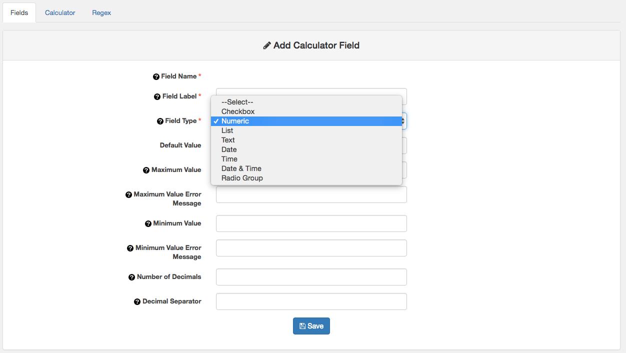 Each field must be set according to the product and its characteristics through this page. In "Field type" you can select one of the options drop down, check box, text or numeric field. Depending on the selection of options appear, as in the case of numeric field.