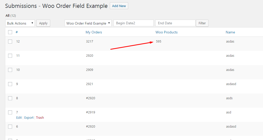 Woocommerce order id field value in submission listing