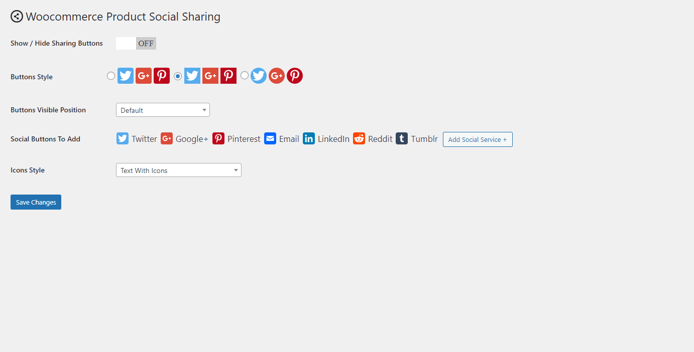 Settings panel for Woocommerce Product Page Social Share Plugin.