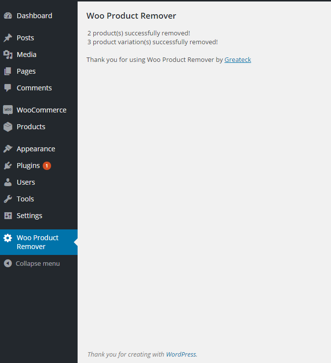 Screenshot for the plugin after removing all products