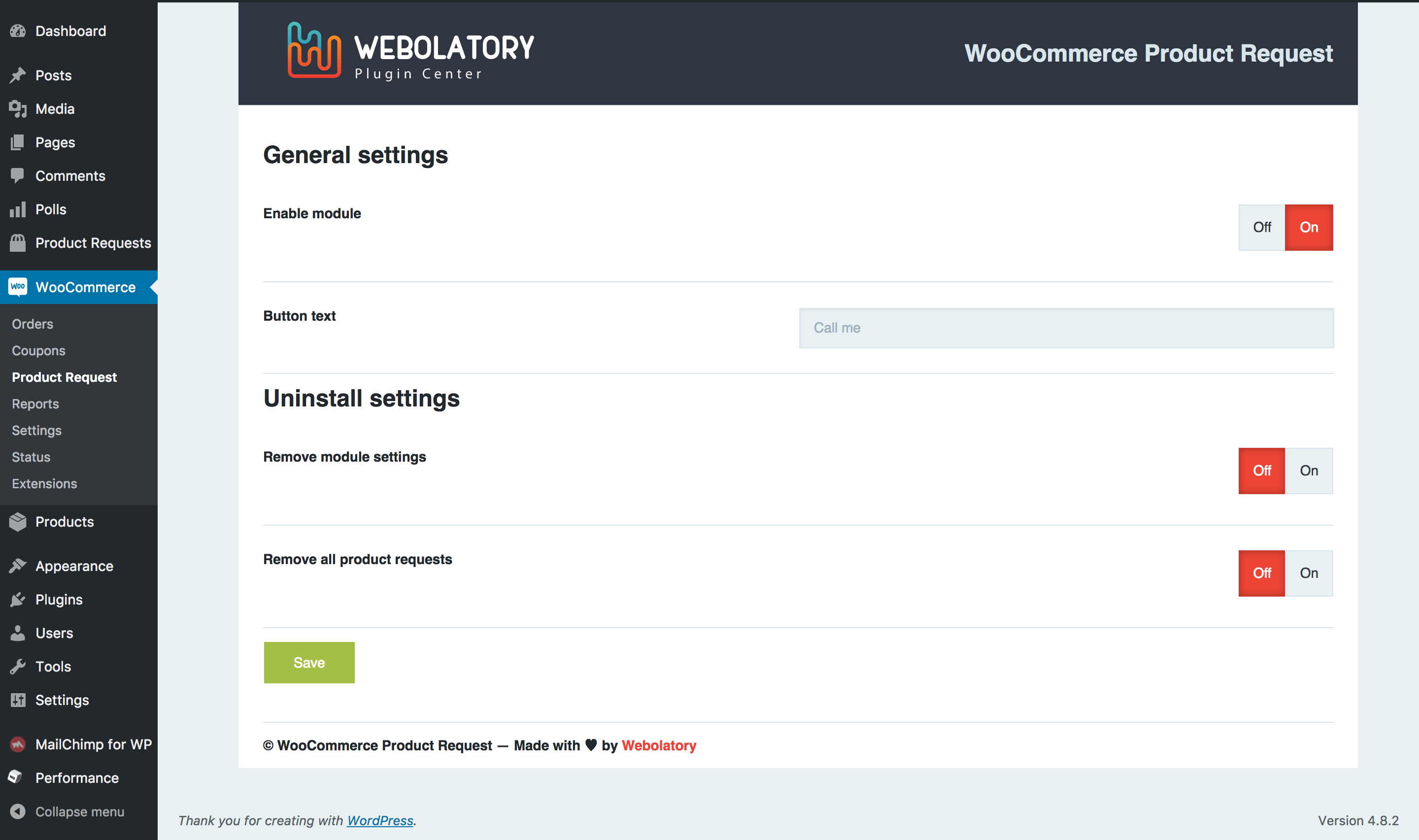 Plugin settings in the dashboard