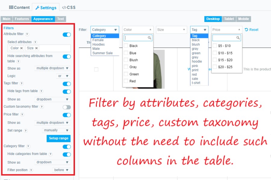 WooCommerce 产品表过滤器