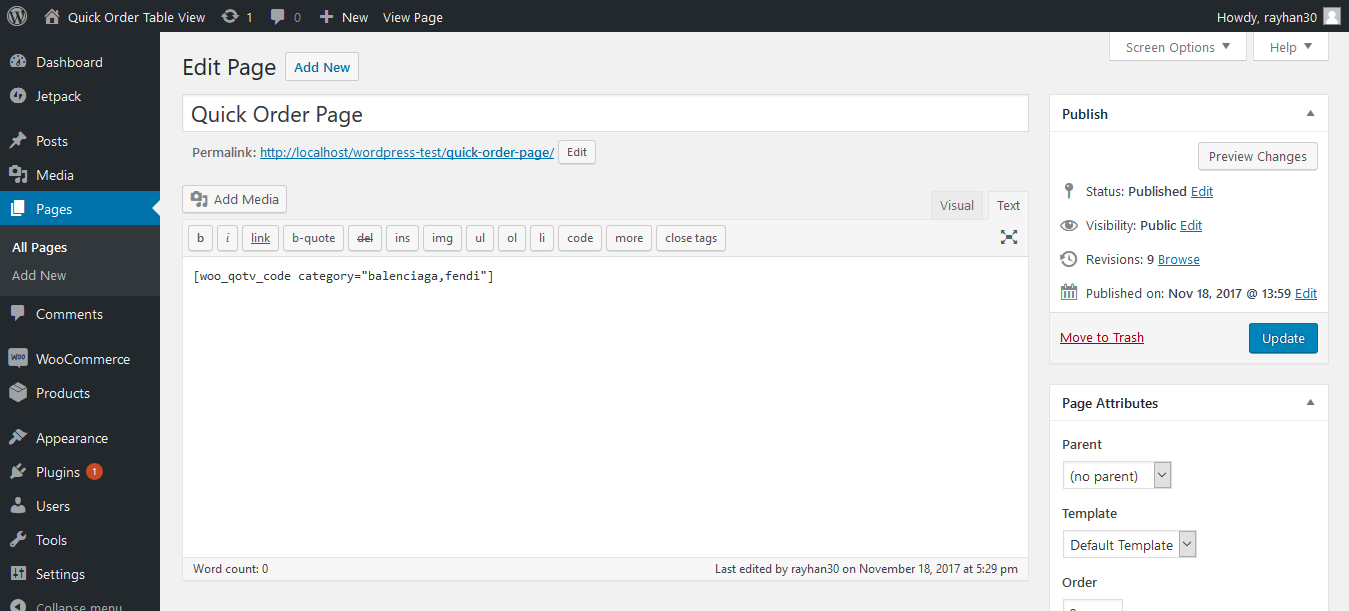 Shortcode put on page/post.