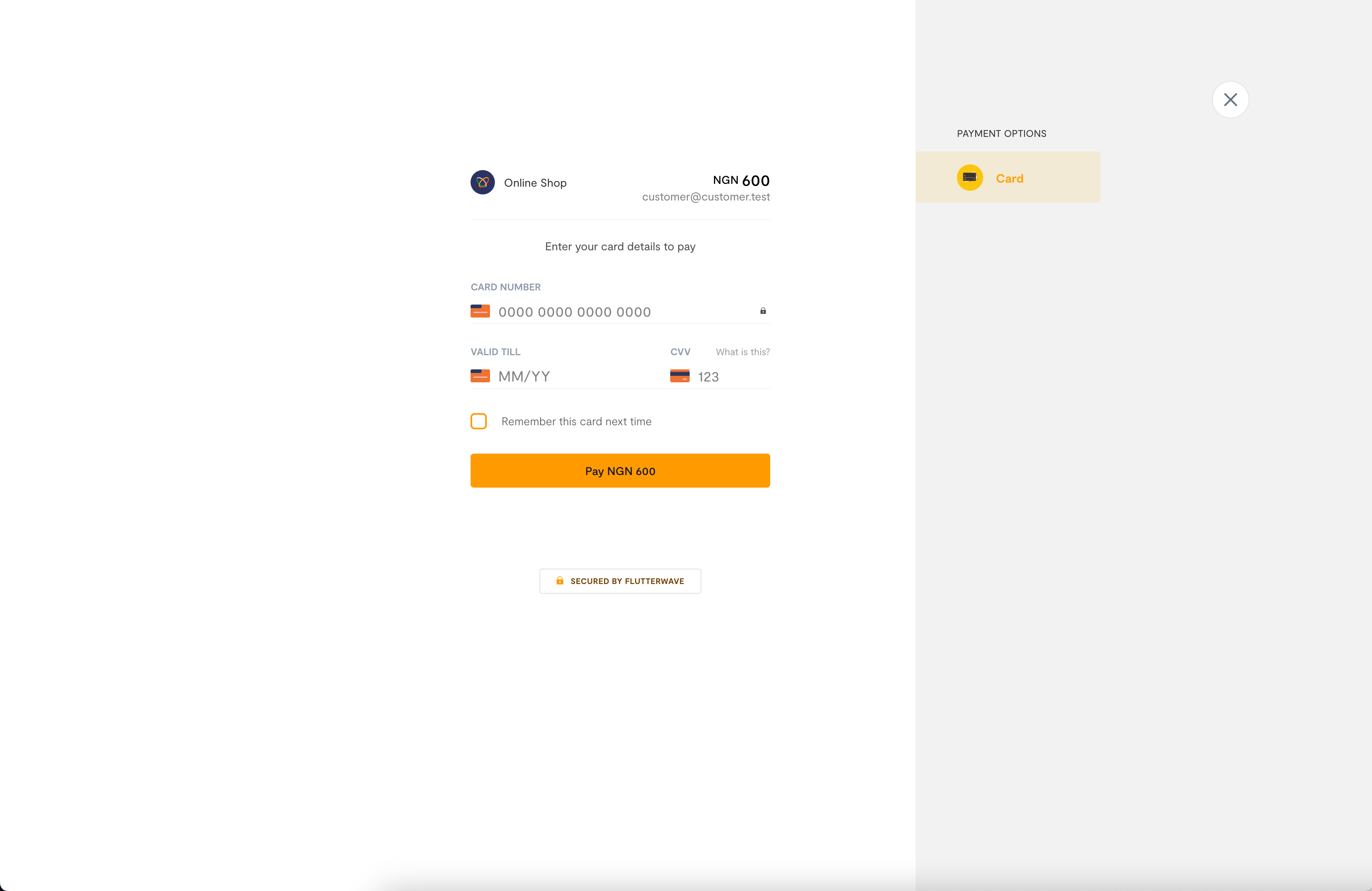Flutterwave payment modal on the checkout page